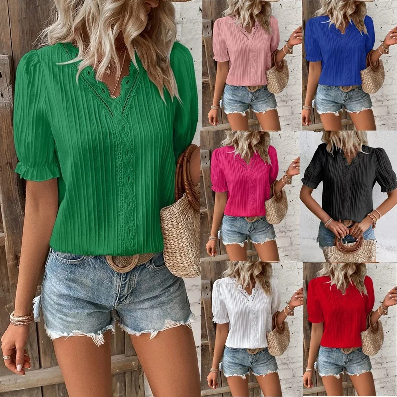 Leisure Hot Selling 2023 Women's Summer New Fashion Vertical Bar Splice Lace V-Neck Bubble Short Sleeve 
Leisure Hot Selling 2023 Women's Summer New Fashion Vertical Bar Splice Lace V-Neck Bubble Short Sleeve