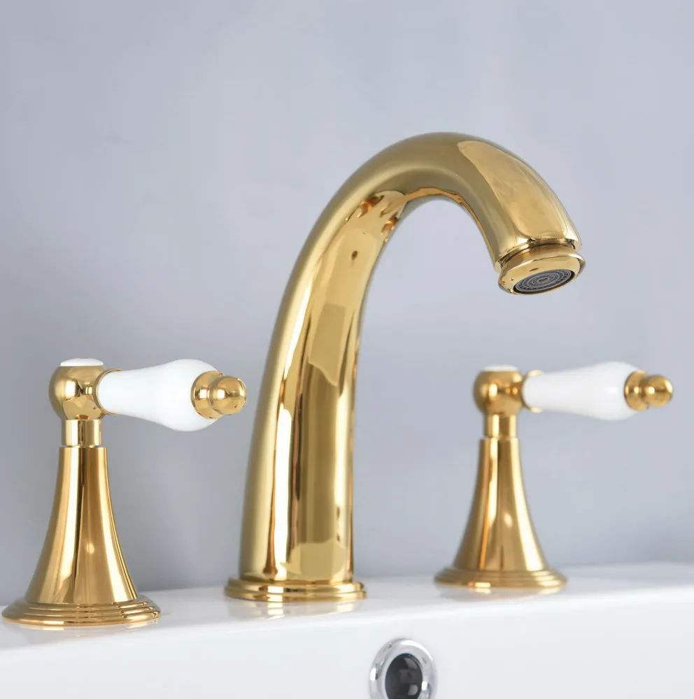 Luxury Gold Basin Faucets Deck Mounted Bathroom Sink Faucet Double Handles 3 Hole Widespread Hot Cold Mixer Tap
Luxury Gold Basin Faucets Deck Mounted Bathroom Sink Faucet Double Handles 3 Hole Widespread Hot Cold Mixer Tap