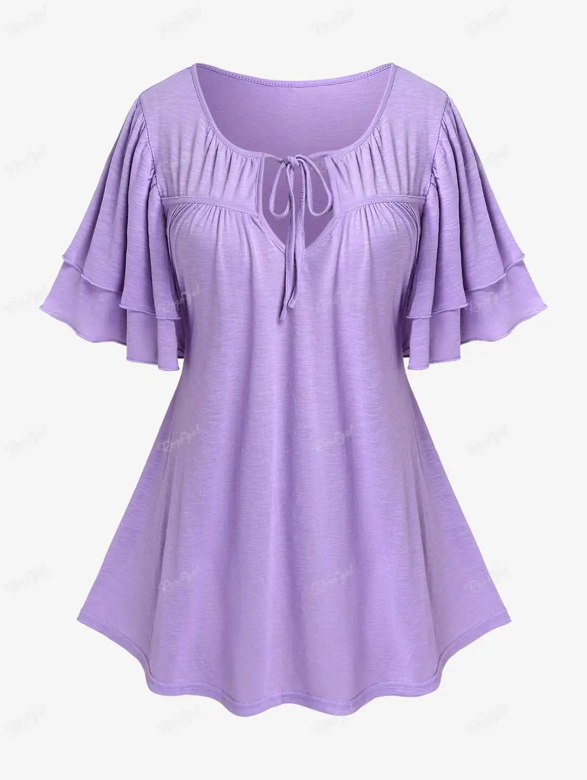 

ROSEGAL Plus Size Tunic Top For Women Purple Tie Pleated Flounce Tee Blue Paint Splatter Cold Shoulder Blouse With Chains 4XL