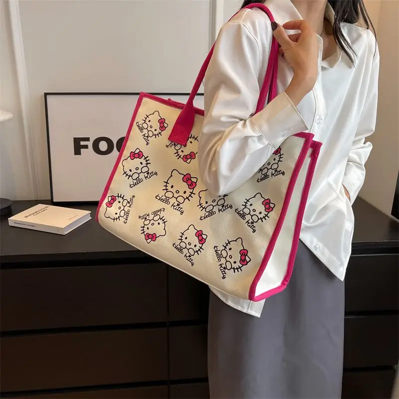 

Кавайная холщовая женская сумка Sanrio, новинка 2023, модная вместительная сумка-тоут на одно плечо с рисунком