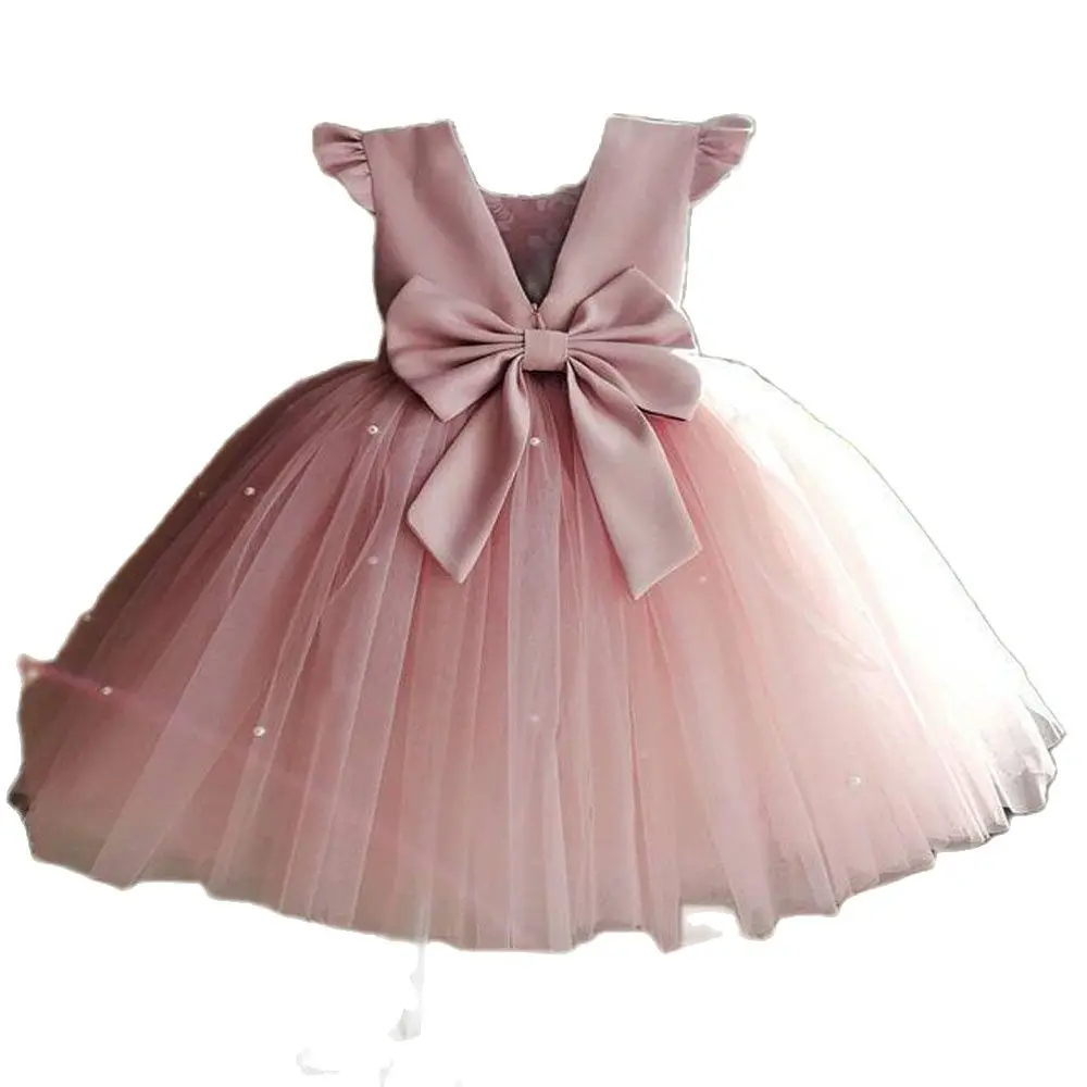 

Blush Pink Ball Kids Formal Evening Gown 3d-flora For Communion Lace Appliques Sweep Train Flower Girls Dresses For Wedding