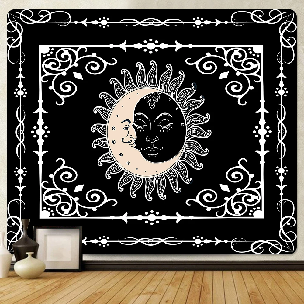 

Black and white moon tarot psychedelic scene home decoration art tapestry hippie bohemian decoration mandala sheets