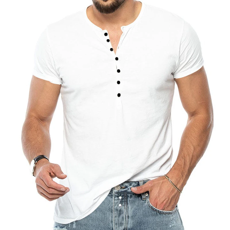 High Quality New Men'S V Neck Button Design Bandage T Shirts Mens Solid Color Short Sleeves Casual Cotton Shirt Tops
High Quality New Men'S V Neck Button Design Bandage T Shirts Mens Solid Color Short Sleeves Casual Cotton Shirt Tops