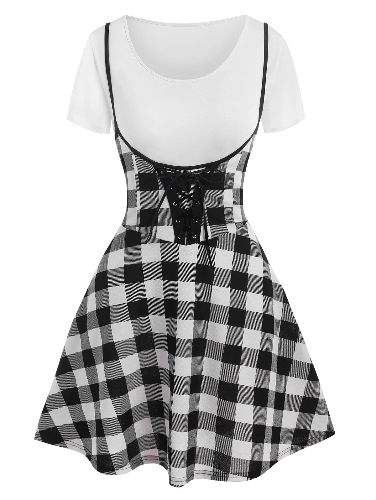 Two Tone Lace Up Two Piece Suspender Skirt Set Short Sleeves A Line Dress Vestidos Casual Women Dress
Two Tone Lace Up Two Piece Suspender Skirt Set Short Sleeves A Line Dress Vestidos Casual Women Dress