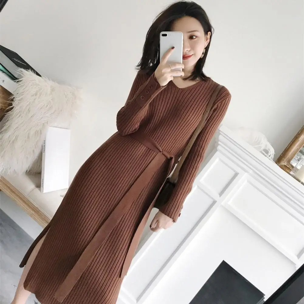 Hem Slit Dress Elegant V-neck Knitted Dresses for Women Slimming Soft Comfortable for Fall Winter Women Knitted Dress
Hem Slit Dress Elegant V-neck Knitted Dresses for Women Slimming Soft Comfortable for Fall Winter Women Knitted Dress