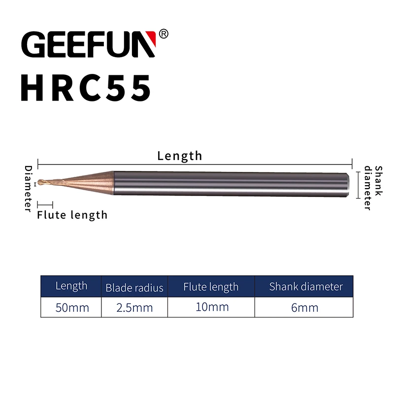 Концевая фреза GEEFUN R2.5/длина 50 мм, 55HRC, вольфрамовый карбид, 2 канавки
Концевая фреза GEEFUN R2.5/длина 50 мм, 55HRC, вольфрамовый карбид, 2 канавки
