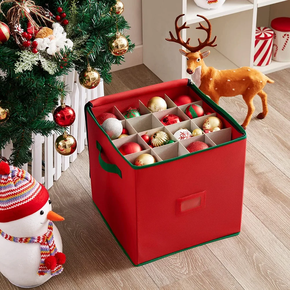 

Storage Bag for Christmas Decoration Balls 64 Grids Fabric Organizer Box with Zipper Lid Dustproof Reusable for Home Closet