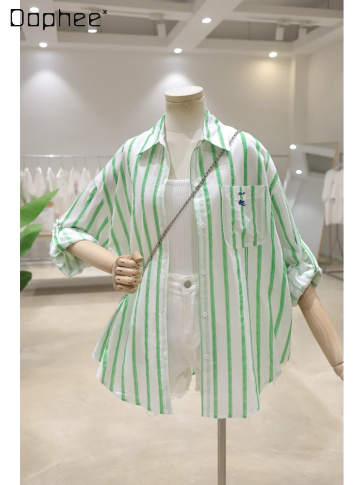 Женская хлопковая блузка с вышивкой и надписью, летняя дышащая свободная однобортная блузка с длинным рукавом и толстыми полосками, новинка 2023