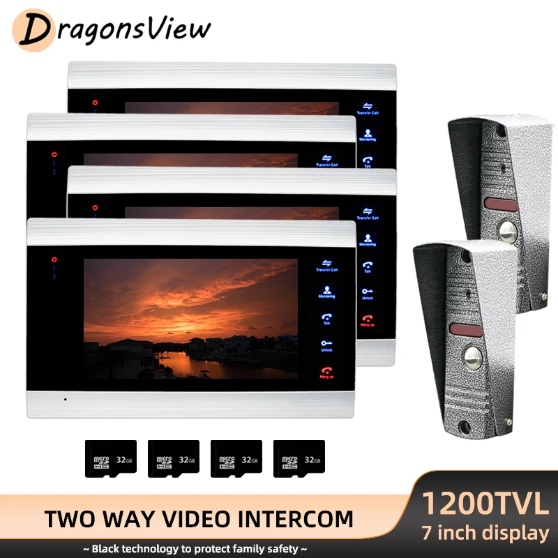 

DragonsView Video Door Intercom System 7 Inch 1200TVL Wired Door Phone with Motion Detection 4 Indoor Monitors 2 Doorbell Camera