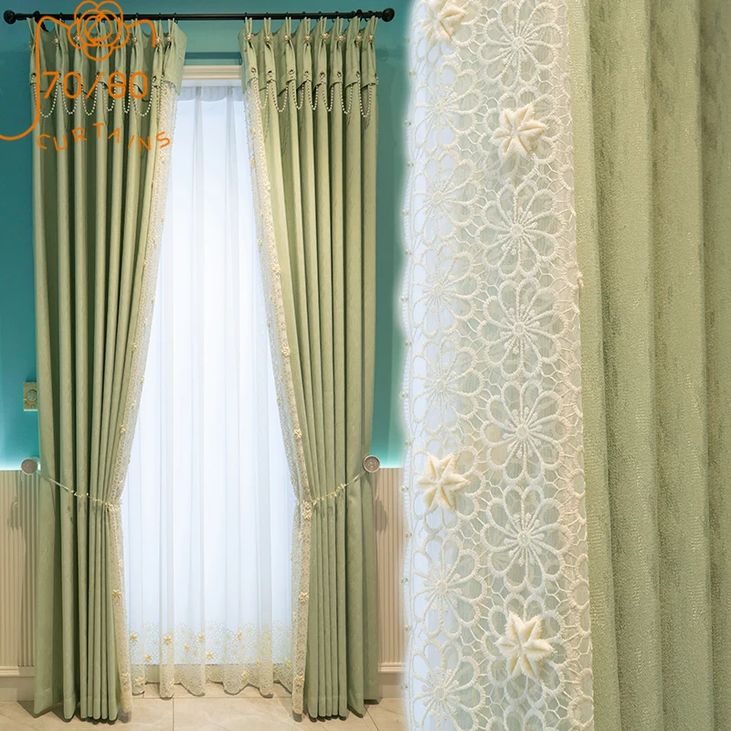 

French Green Thickened Chenille Jacquard Splicing Embroidered Screen Curtains for Living Room Bedroom Floating Window Balcony