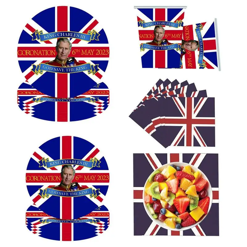 

2023 King Charles Coronation Decorations UK Flag British Party Paper Tableware Plates Napkins Cups Union Jack Party Supplies