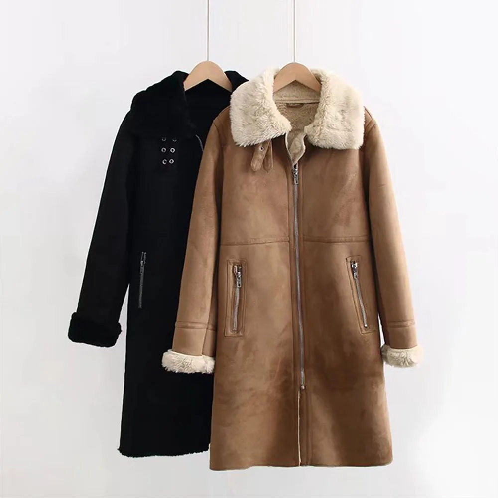 

2022 Winter New Women's Fashion Lapel Zipper Retro Casual Motorcycle Fur Integrated Design Warm Long-sleeved Padded Jacket