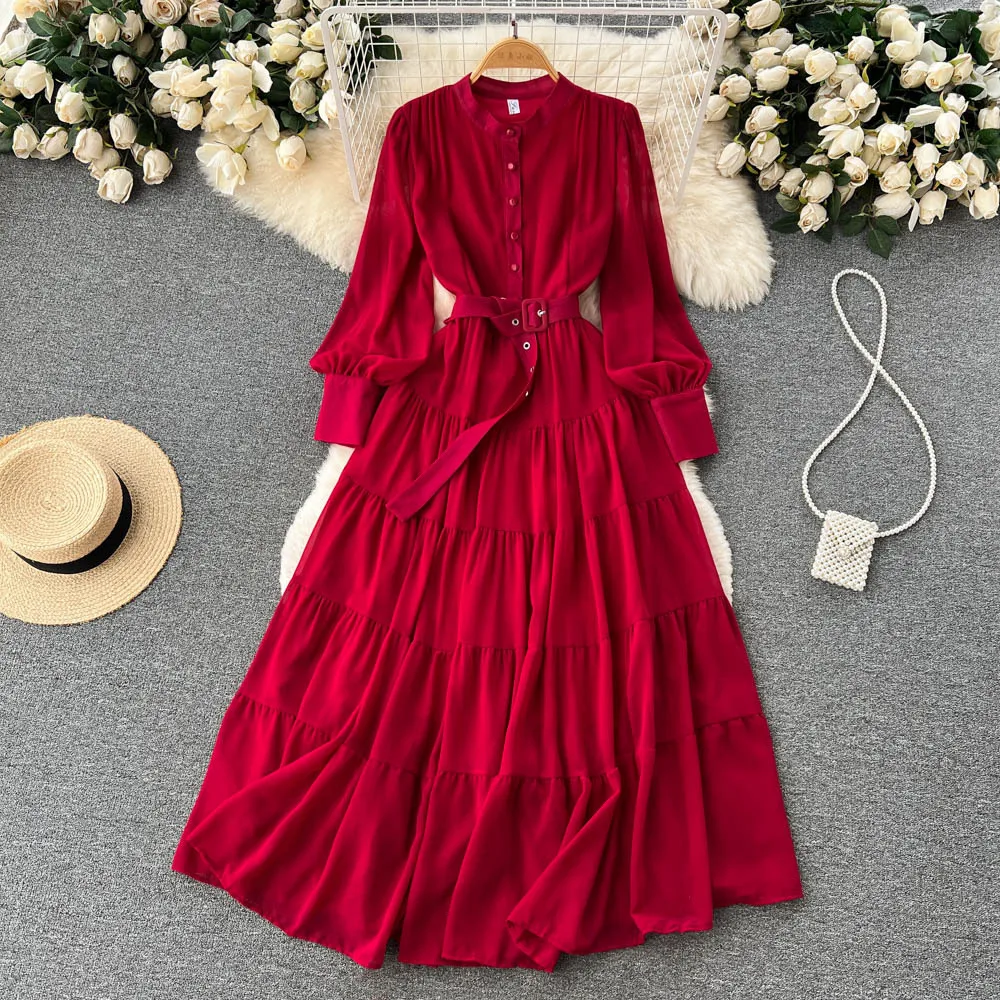 

Buttons Long Sleeves Maxi Dress Women Party Dresses Waistband Vintage Robe Wedding Birthday Festivals Dresses Evening Gowns