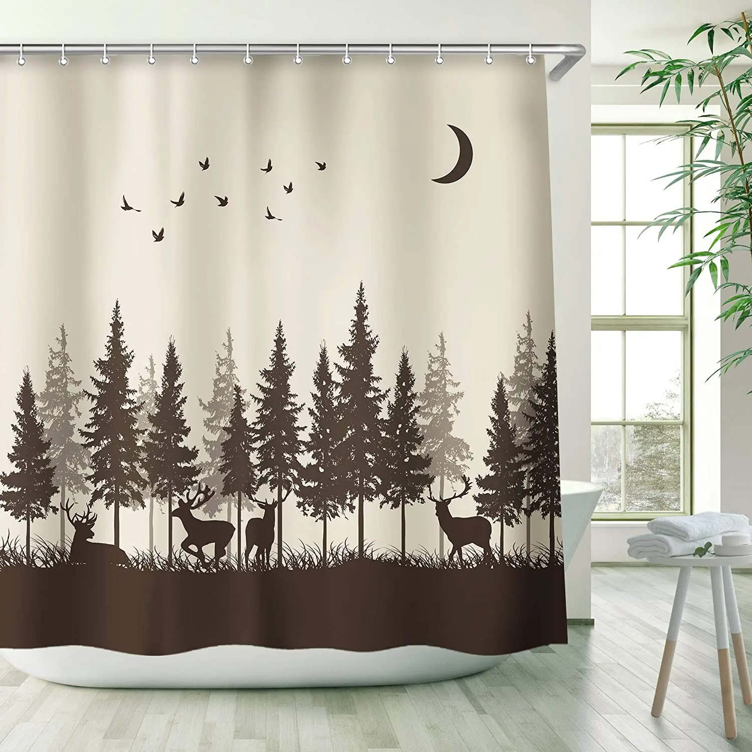 

Deer Shower Curtain Cartoon Landscape Rustic Cabin Wildlife Woodland Hunting Forest Moose Pattern Brown Curtains with 12 Hooks