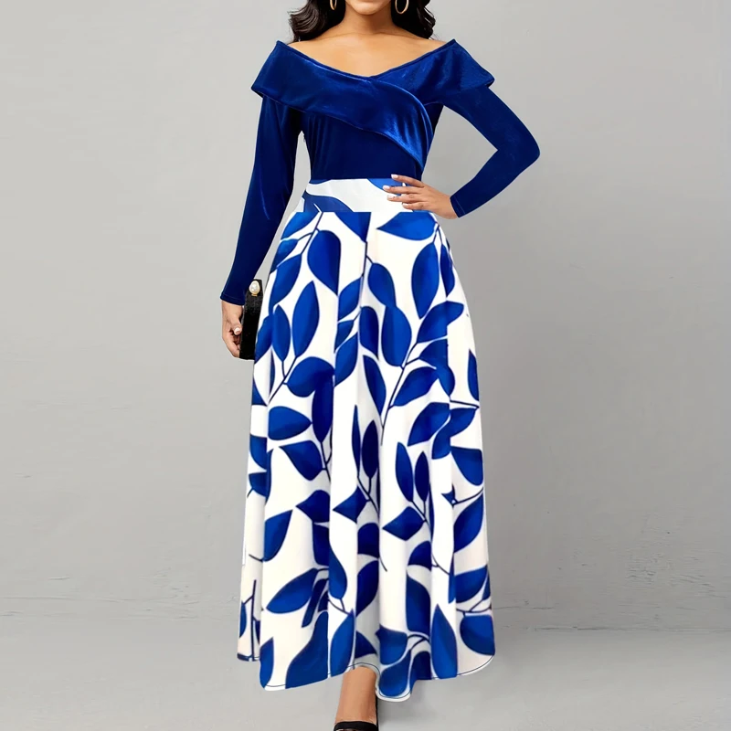 Spring Leaf Print Patchwork Velvet Dresses Female Elegant Big V-Neck Pleat A-line Dress New Office Long Sleeve Waist Long Dress
Spring Leaf Print Patchwork Velvet Dresses Female Elegant Big V-Neck Pleat A-line Dress New Office Long Sleeve Waist Long Dress