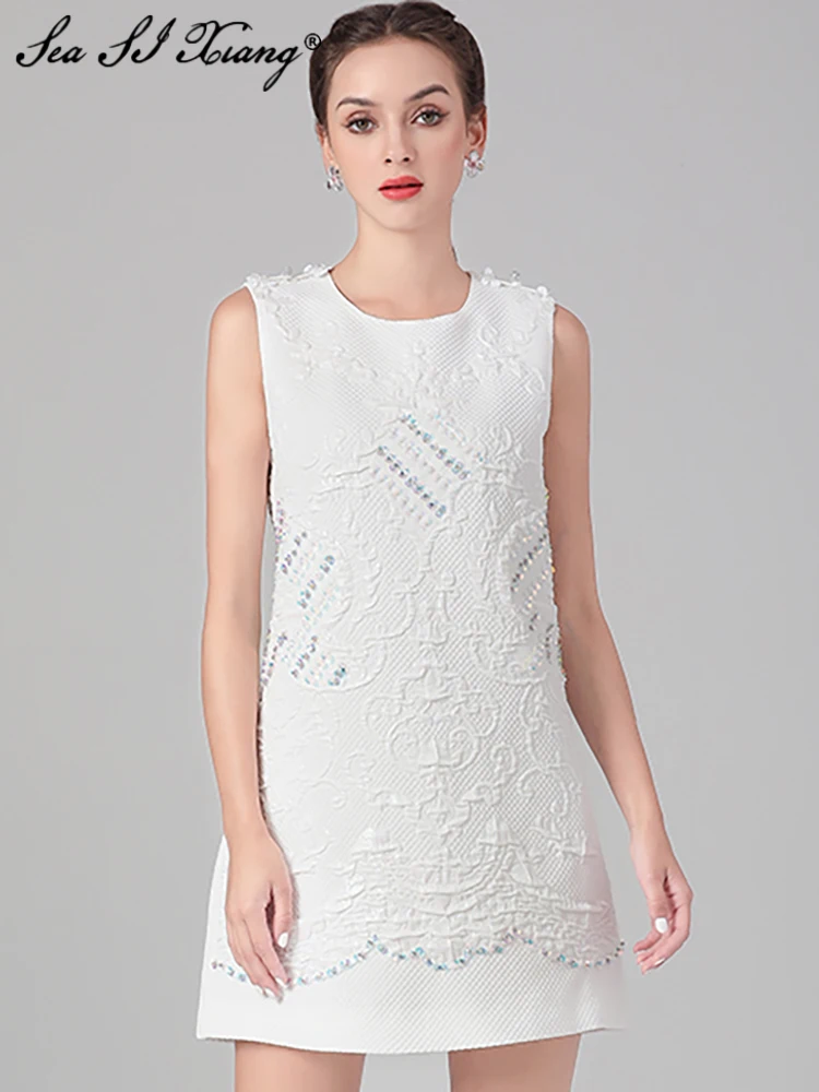 Seasixiang Fashion Designer Summer Jacquard Tank Dress Women O-Neck Sleeveless Beading Vintage White Mini Dresses
Seasixiang Fashion Designer Summer Jacquard Tank Dress Women O-Neck Sleeveless Beading Vintage White Mini Dresses