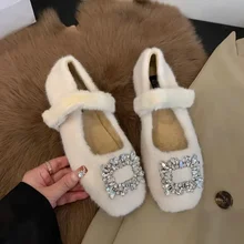 Autumn and Winter Plush Bean Single Shoes Womens 2023 Wearing Flat Bottomed Rhinestones and Mary Jane Plush Cotton Shoes Women