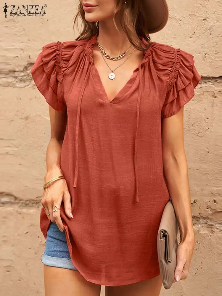 Fashion V Neck Short Sleeve Ruffles Blouse ZANZEA Summer Women Shirt Casual Femininas Tunic Tops Solid Lace Up OL Work Blusas
Fashion V Neck Short Sleeve Ruffles Blouse ZANZEA Summer Women Shirt Casual Femininas Tunic Tops Solid Lace Up OL Work Blusas