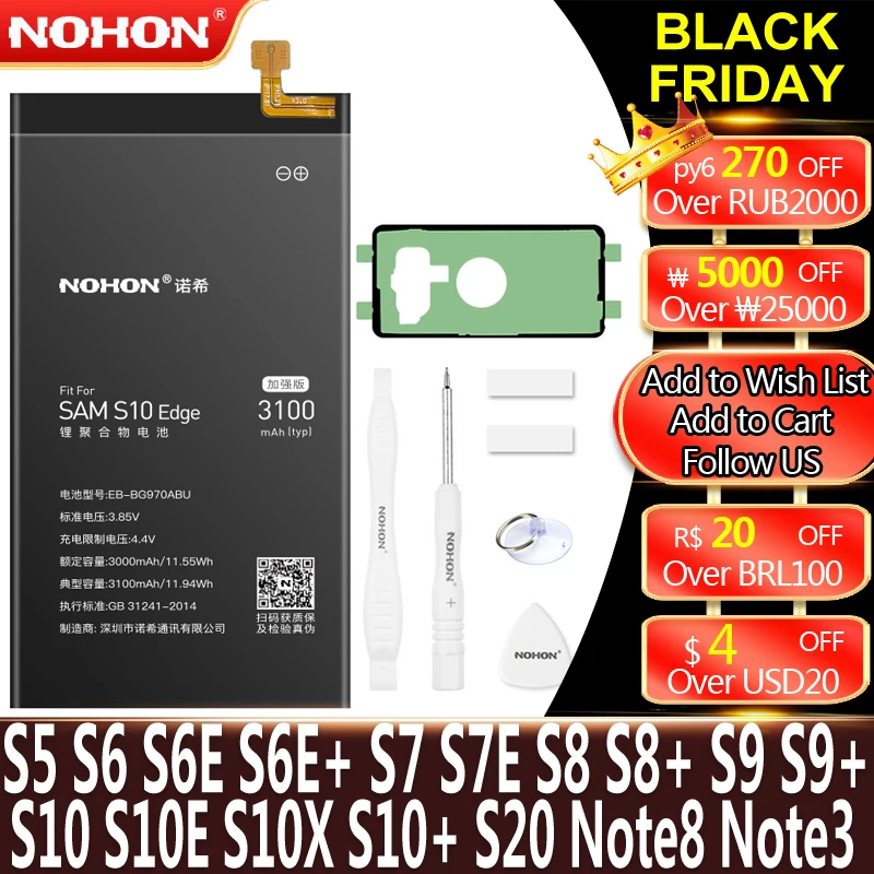 

NOHON Battery For Samsung Galaxy S8 S9 Plus S10 S10e S6 Edge S7 S20 S10x S5 Note 8 3 NFC G950F G960F G965F G970F G973F Bateria