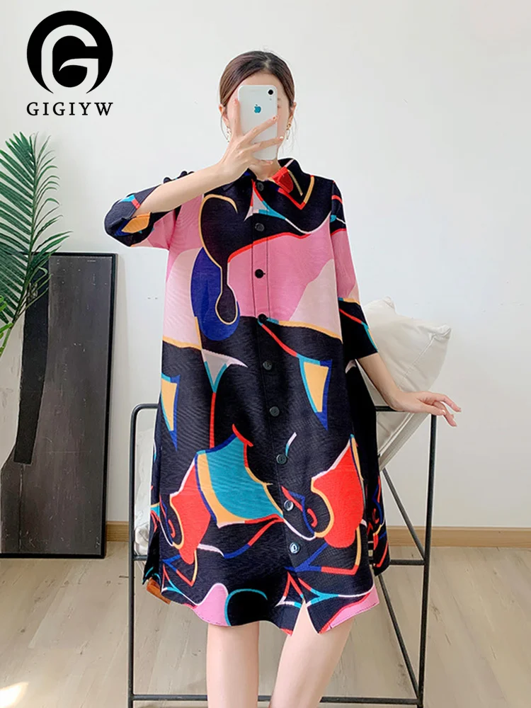 Женское плиссированное платье GIGIYW, элегантное платье с отложным воротником, рукавом и контрастным цветовым принтом, женская одежда 
Женское плиссированное платье GIGIYW, элегантное платье с отложным воротником, рукавом и контрастным цветовым принтом, женская одежда