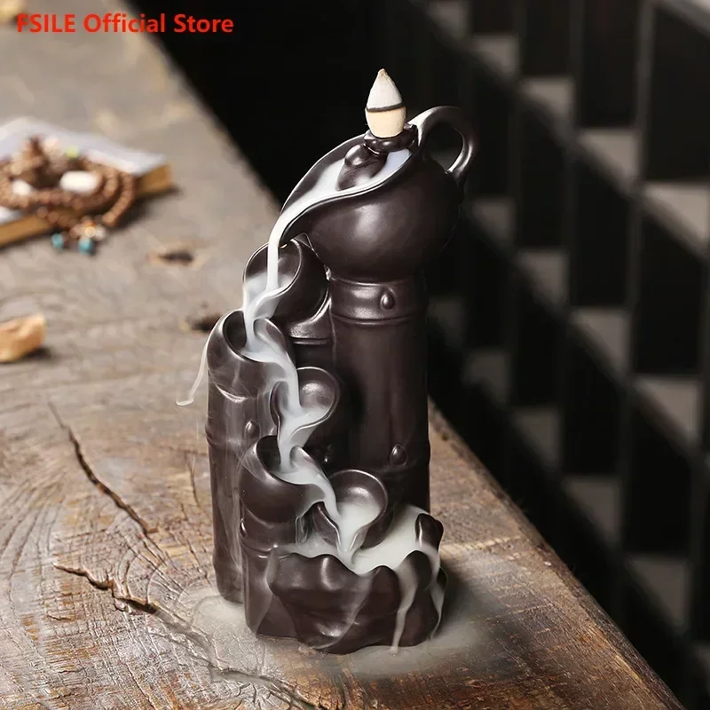 

FSILE Ceramic Smoke Reflux Aromatherapy Stove Bamboo Stone High Mountain Flowing Waterfall Backflow Incense Stove Decoration