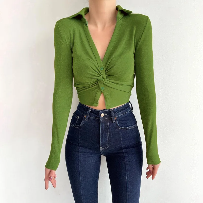 

Long Sleeve Short Blusas Kont Design Summer Shirt Twisted Lapel Elegant Tops 2022 Fashion Casual Slim Solid Women Blouse Tee