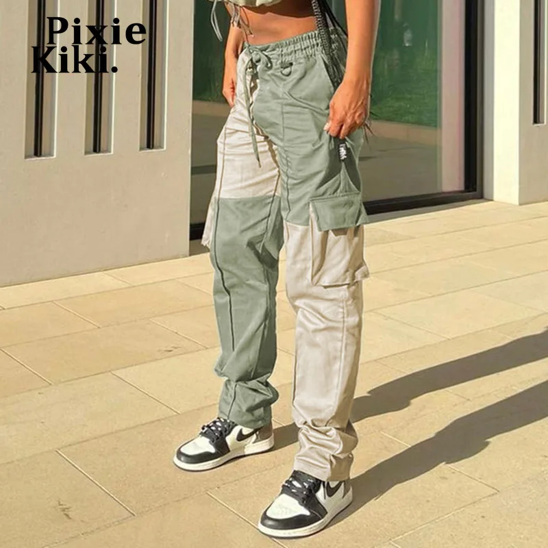 

PixieKiki Drawstring Pocket Cargo Pants Colorblock High Waisted Trousers Streetwear Joggers Women Clothing Sweatpants P67-DE30