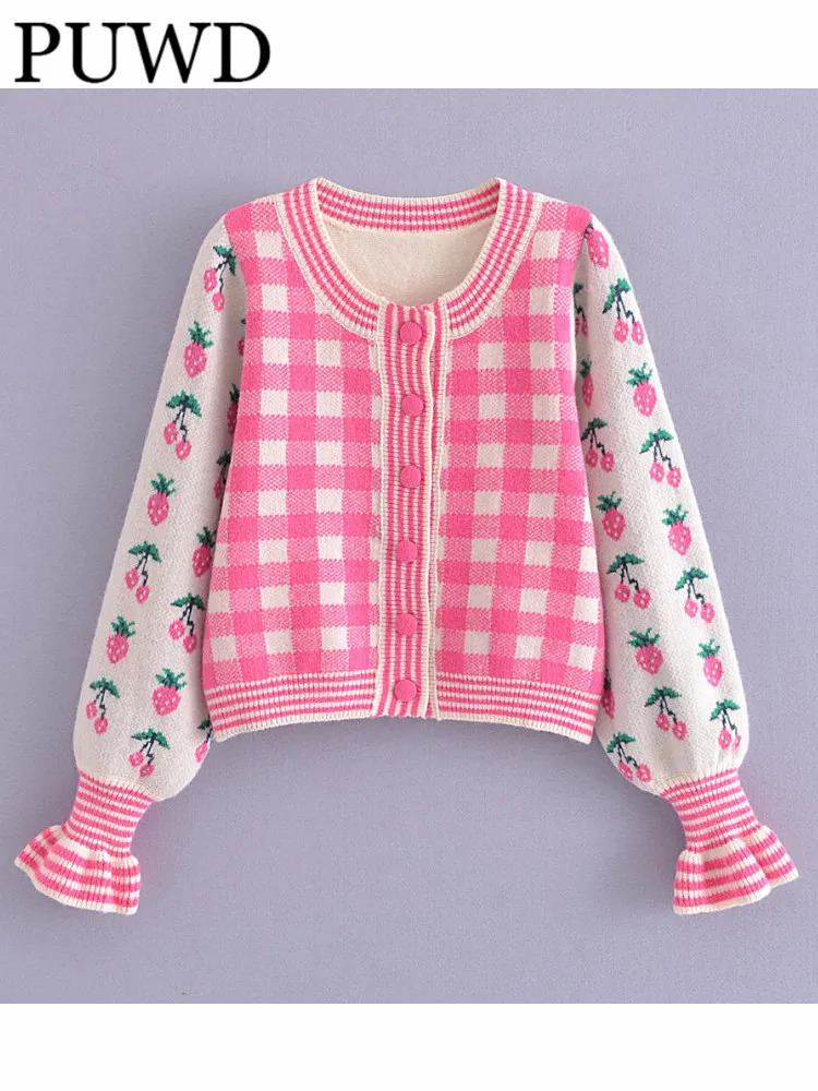 PUWD Sweet Women Pink Cherry Sweater Cardigan Jacket 2022 Spring Autumn Fashion Ladies Plaid Female Single Breasted Jacket
PUWD Sweet Women Pink Cherry Sweater Cardigan Jacket 2022 Spring Autumn Fashion Ladies Plaid Female Single Breasted Jacket