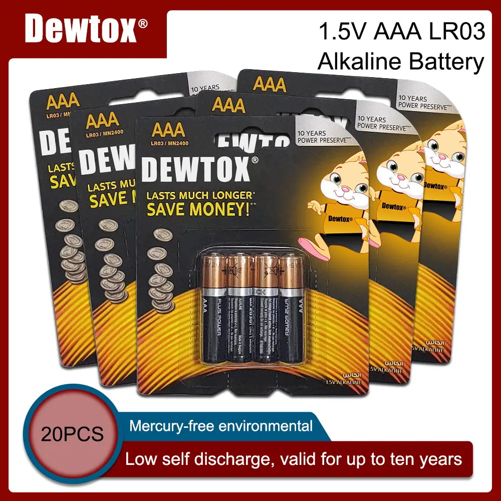 

20 шт., оригинальная щелочная батарея DEWTOX 1,5 в AAA LR03 для электрического фонарика, мыши, часов, батареи