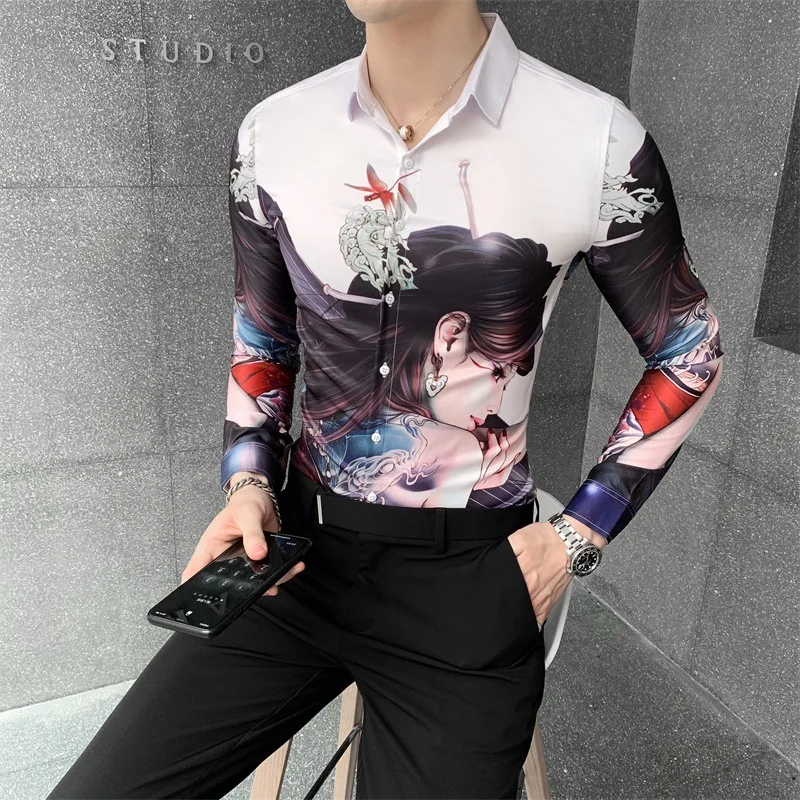 Рубашка мужская приталенная с длинным рукавом, Повседневная белая, с винтажным принтом, В гавайском стиле, лето 2023