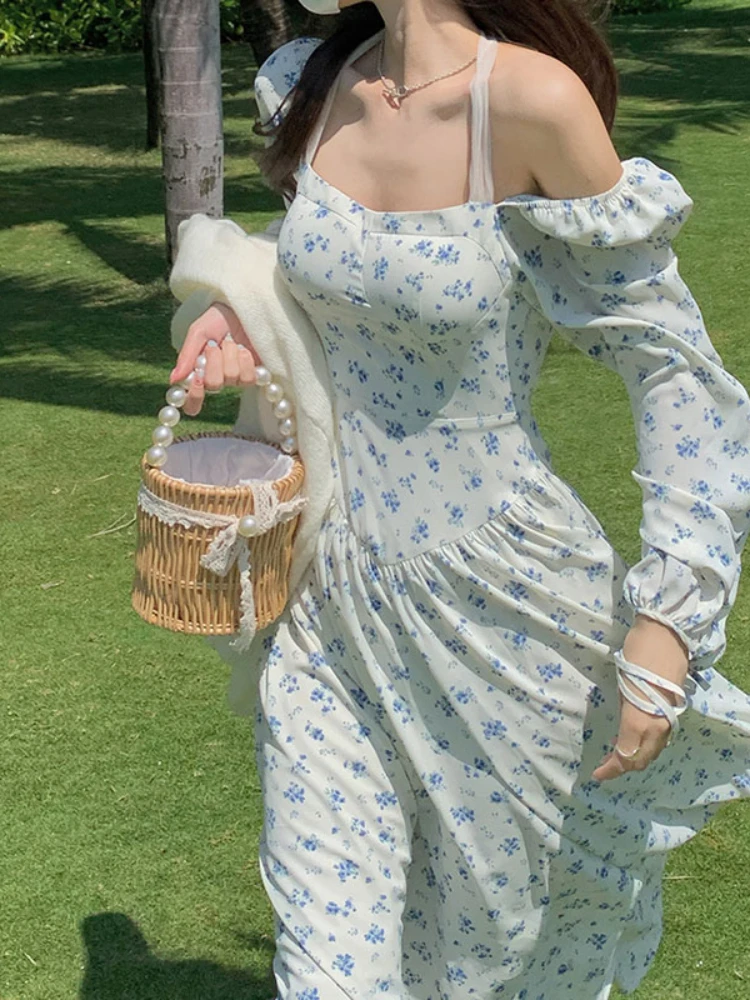 Off Shoulder Milk Blue Floral Dress Ladies Temperament Gentle Waist Collarbone Puff Sleeve Over Knee Long Dresses Women Korean
Off Shoulder Milk Blue Floral Dress Ladies Temperament Gentle Waist Collarbone Puff Sleeve Over Knee Long Dresses Women Korean