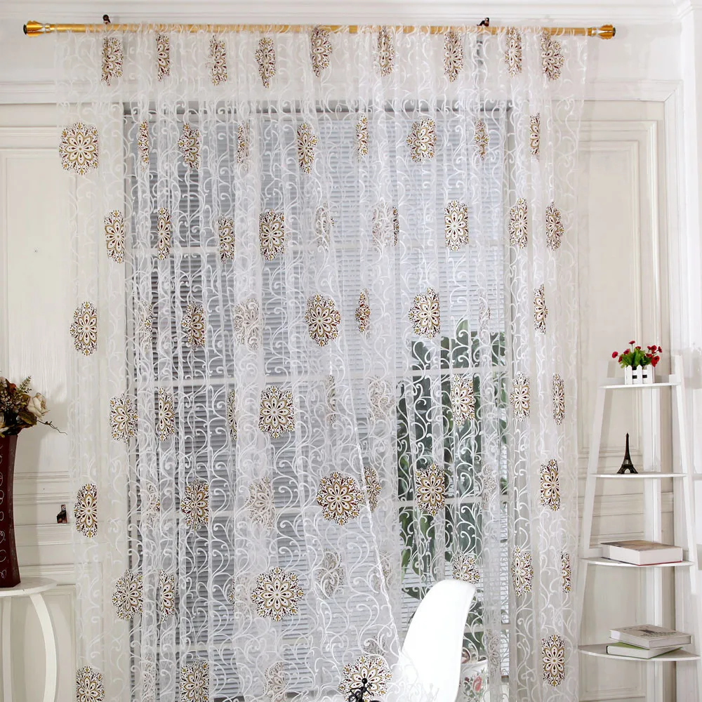 

2PCS Window Curtains Romantic Flower Print Voile Sheer Room Decor Curtain Drape Divider Valance Door Living Room Curtain