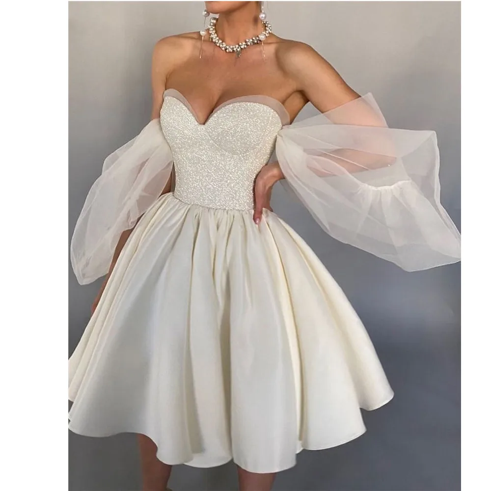 Off Shoulder Short Wedding Dresses Ivory Sweetheart Puff Sleeves Satin Glamour Costume Brides Robe DIY Evening Formal Dress
Off Shoulder Short Wedding Dresses Ivory Sweetheart Puff Sleeves Satin Glamour Costume Brides Robe DIY Evening Formal Dress