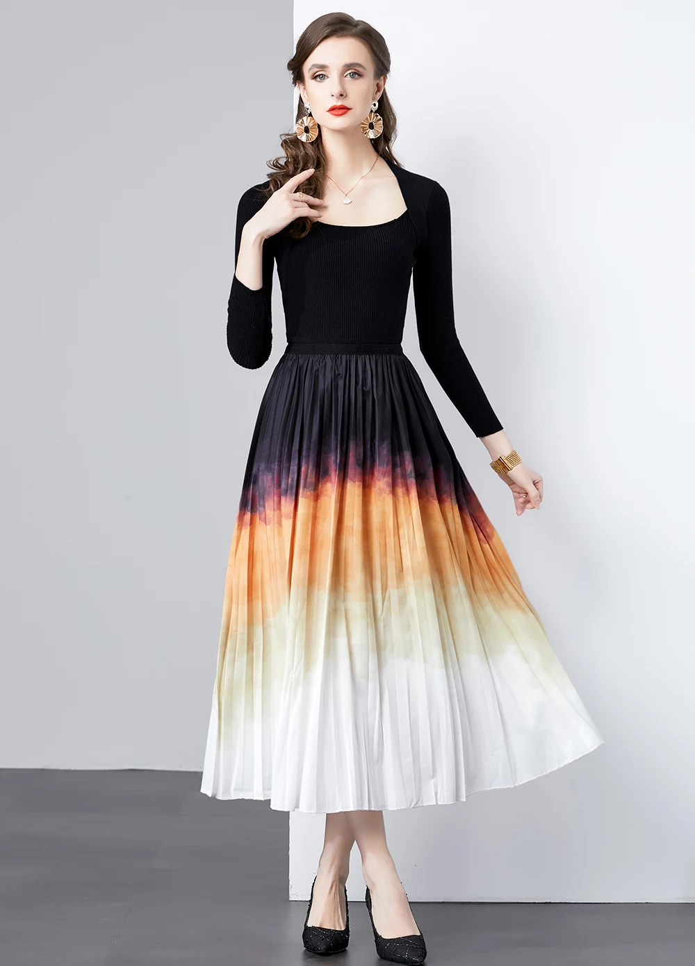 Женское элегантное черное трикотажное платье, Осеннее винтажное плиссированное платье, черный вязаный Топ, комплект из двух предметов, женское платье 
Женское элегантное черное трикотажное платье, Осеннее винтажное плиссированное платье, черный вязаный Топ, комплект из двух предметов, женское платье