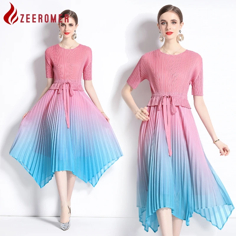 2023 Summer Miyake Gradient Pink Pleated Dress Women O Neck Short Sleeve Drawstring Lace Up Irregular A-line Party Midi Dress
2023 Summer Miyake Gradient Pink Pleated Dress Women O Neck Short Sleeve Drawstring Lace Up Irregular A-line Party Midi Dress