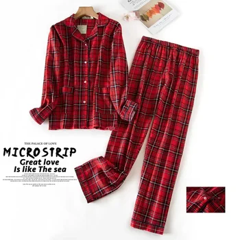Womens Pajamas Plus Size S-XXXL Clothes Ladies Flannel Cotton Home Wear Suit Autumn Winter Pajamas Plaid Print Sleep Tops