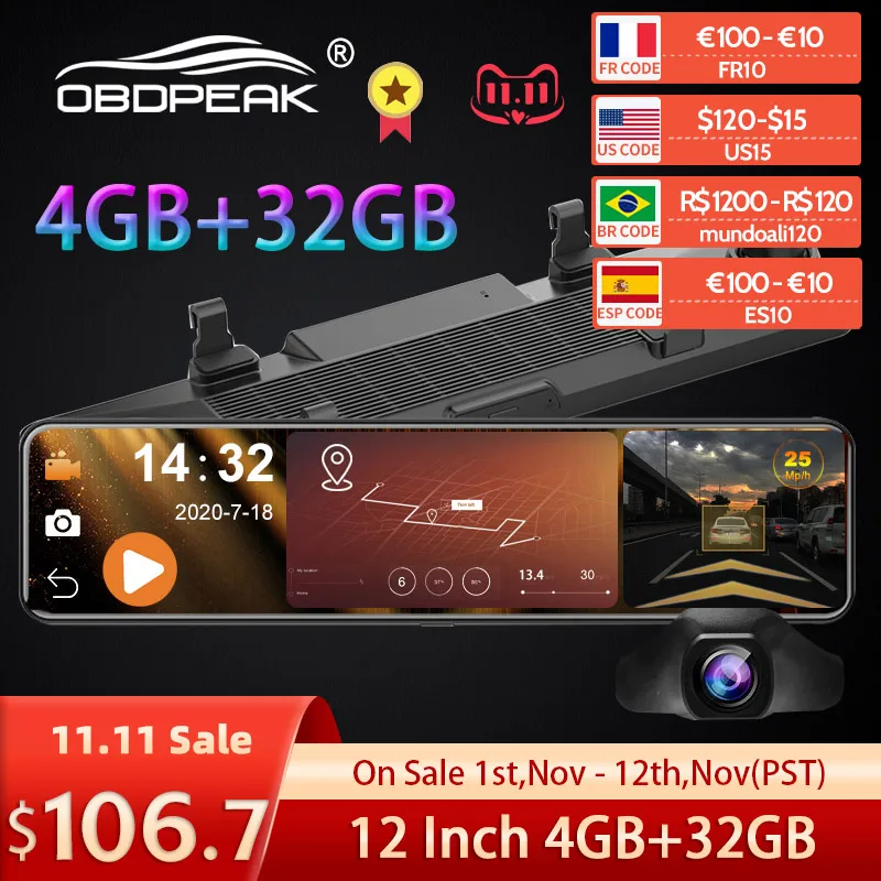 

OBDPEAK D90 4GB+32GB Car DVR Camera Android 8.1 Stream RearView Mirror 12'' 1080P Drive Video Auto Recorder Registrator Dash cam