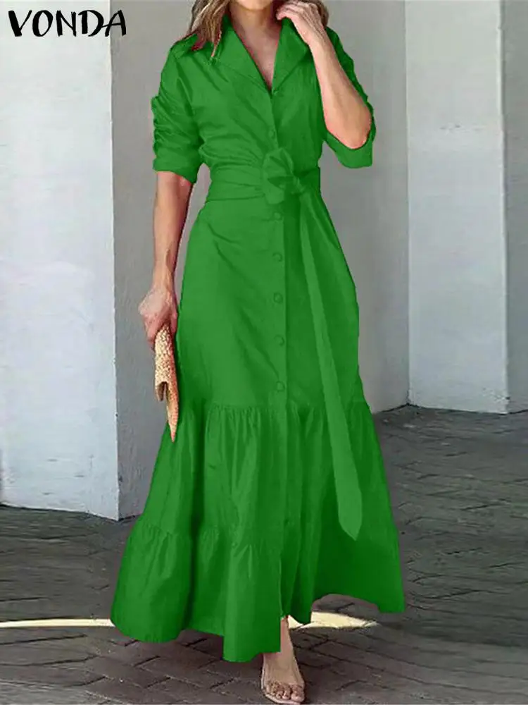 

2023 Autumn Ruffled Dress VONDA Elegant Long Sleeve Dress Women Sundress Solid Color Casual Lapel Belted Party Vestidos
