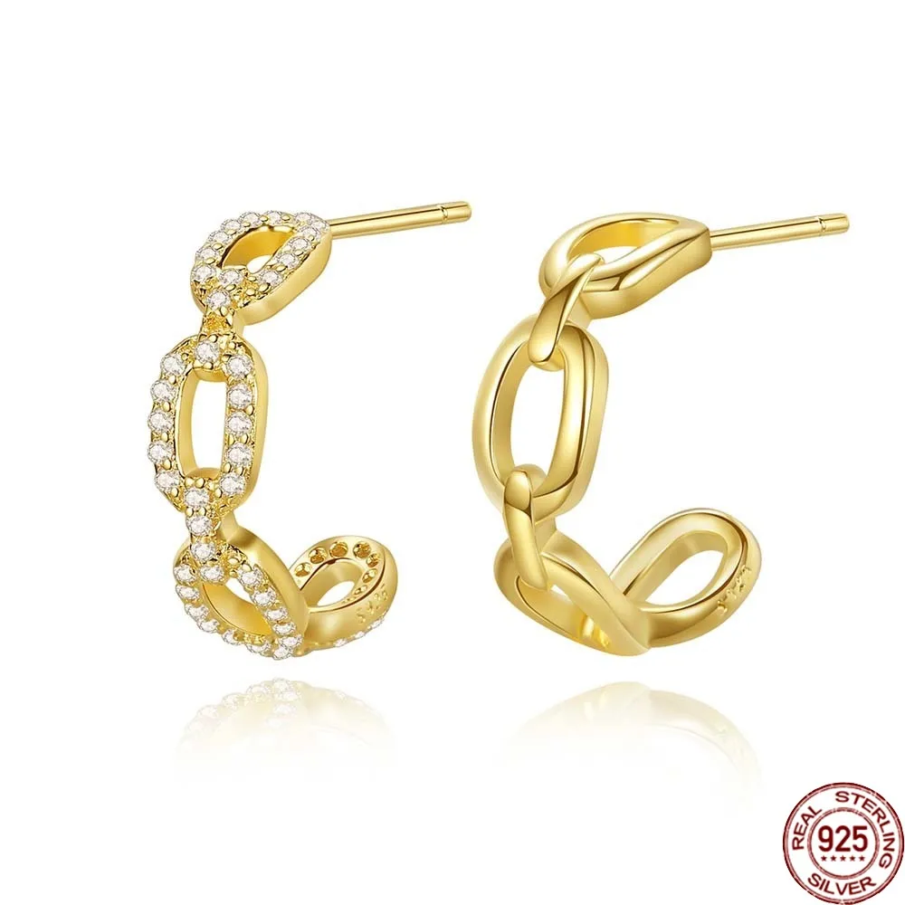 

BABIQU Golden Chain Hollow Cz Hoop Earrings for Women Fine Jewelry 925 Sterling Silver Cuff Huggies Boucle D'oreille Femme Gifts