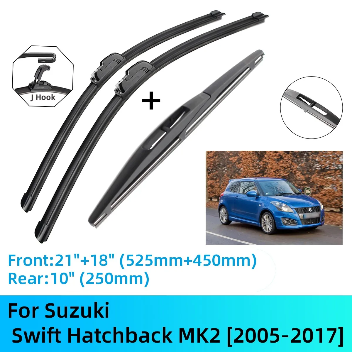 

For Suzuki Swift Hatchback MK2 Front Rear Wiper Blades Brushes Cutter Accessories J U Hook 2005-2017 2010 2011 2012 2013 2014