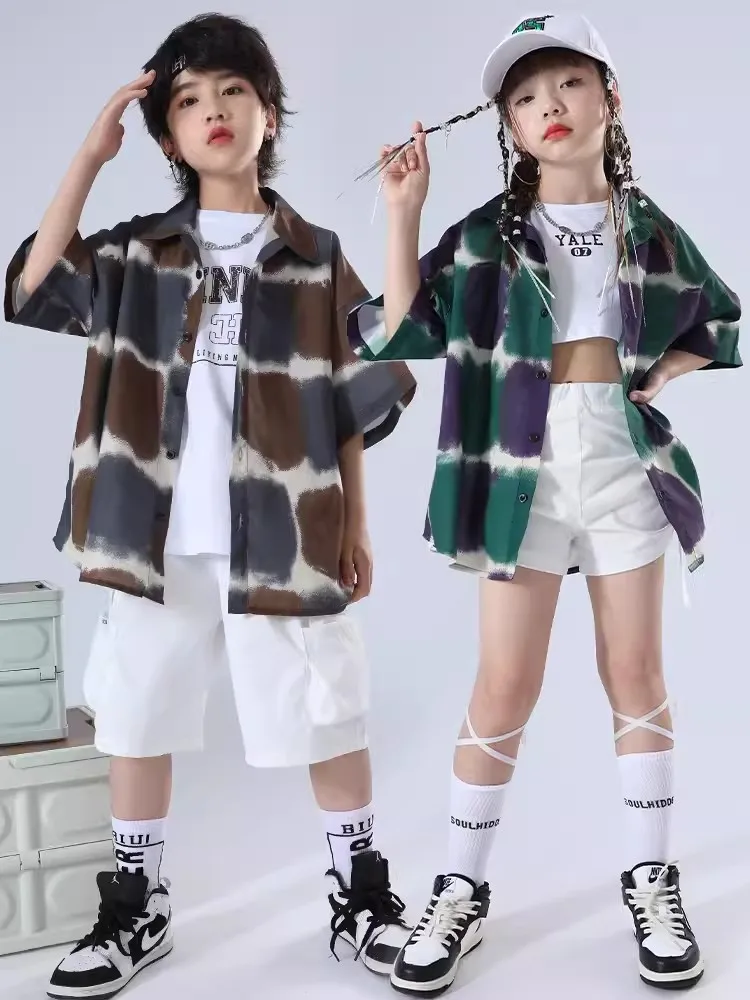 

New Kids Jazz Costume Boys Hip Hop Clothing Checked Shirt Short Sleeves Kpop Outfits Girls Jazz Drum Performance Clothes BL10963