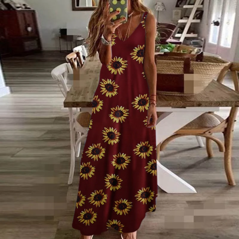 Платье женское длинное с цветочным принтом, повседневный пляжный Сарафан Макси в стиле бохо, на бретельках, с V-образным вырезом, без рукавов, на лето