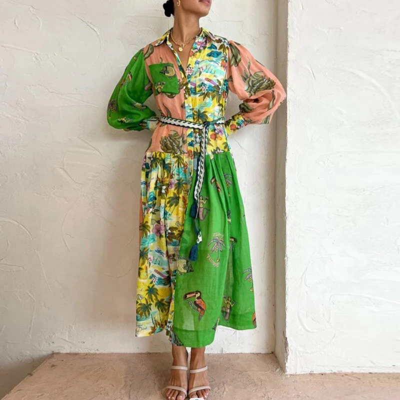 Elegant Single Breasted Tie Up Dress Fashion Graffiti Printed Boho Holiday Dress Lady Turn-down Collar Lantern Sleeve Long Dress
Elegant Single Breasted Tie Up Dress Fashion Graffiti Printed Boho Holiday Dress Lady Turn-down Collar Lantern Sleeve Long Dress
