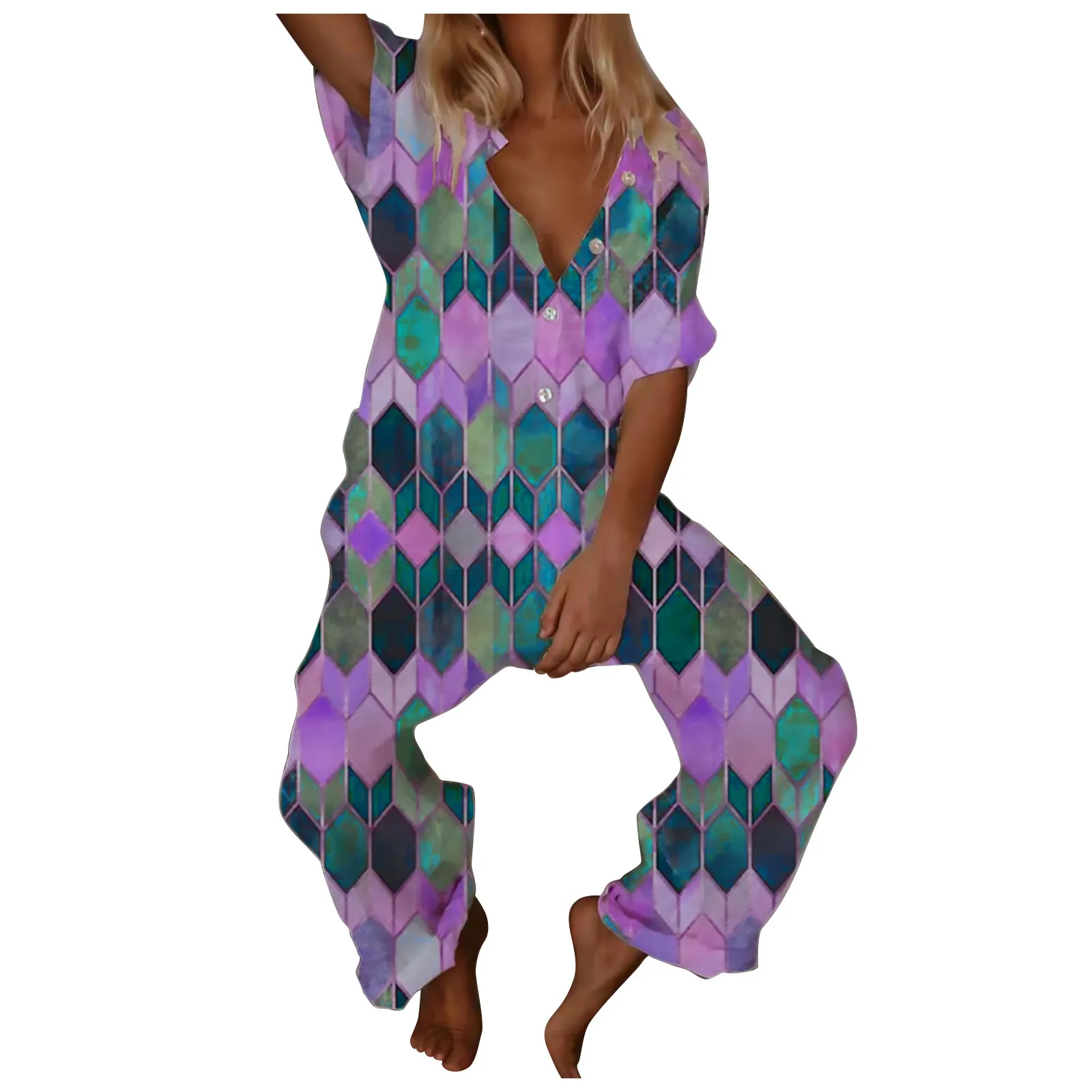 Women's Comfy Jumpsuit Button Down Geometry Print Short Sleeve Lapel Romper Jumpsuits For Women
Women's Comfy Jumpsuit Button Down Geometry Print Short Sleeve Lapel Romper Jumpsuits For Women