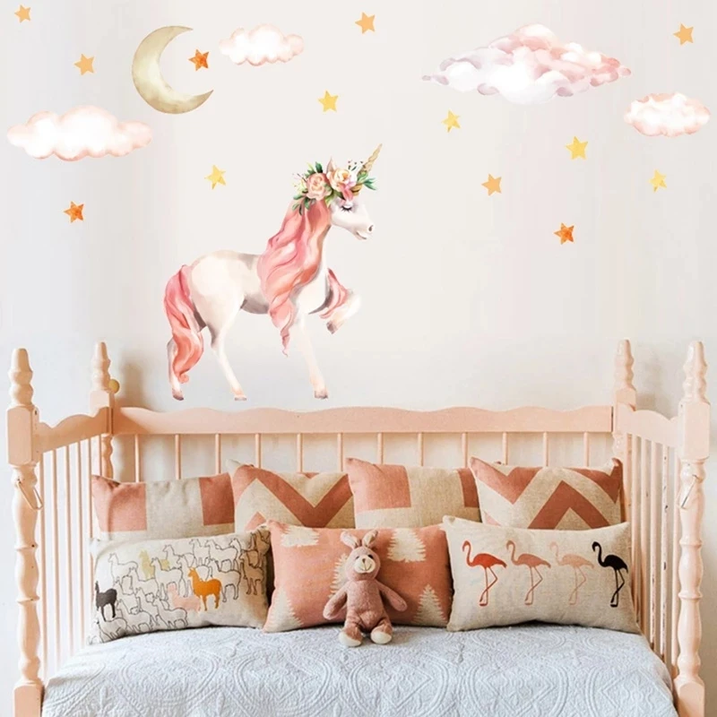 

Pink Unicorn Star Cloud Wall Stickers for Kids Rooms Girls Baby Room Bedroom Decoration Fairy Cartoon Animal Nursery Wallpaper