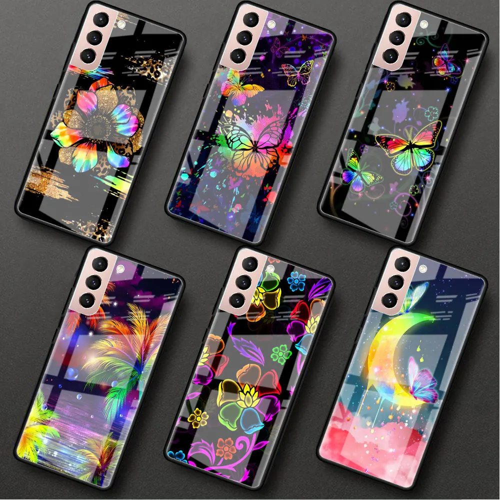 

Glass Case For Samsung Galaxy S22 S20 FE S21 S23 Plus Phone Cover S10 5G S9 Note 20 Ultra 10 Lite Shell Butterflies Shine