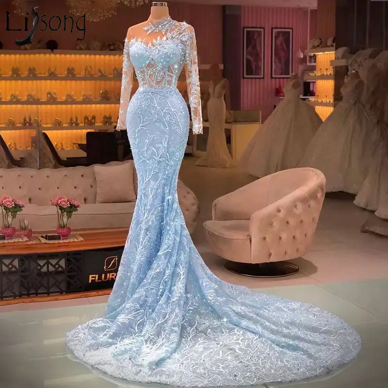 Elegant Sky Blue Evening Dresses Appliques Beads Long Sleeves Prom Gowns Sexy Sheer High Neck Party Graduation Women Dresses
Elegant Sky Blue Evening Dresses Appliques Beads Long Sleeves Prom Gowns Sexy Sheer High Neck Party Graduation Women Dresses