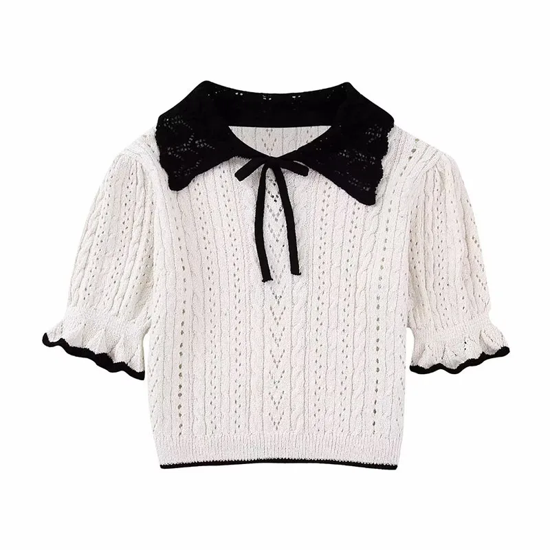 ZATRHMBM Женский сезон весна-лето 2023, модный вязаный свитер с воротником Питер Пэн, винтажный Женский пуловер с коротким рукавом, шикарные топы 
ZATRHMBM Женский сезон весна-лето 2023, модный вязаный свитер с воротником Питер Пэн, винтажный Женский пуловер с коротким рукавом, шикарные топы