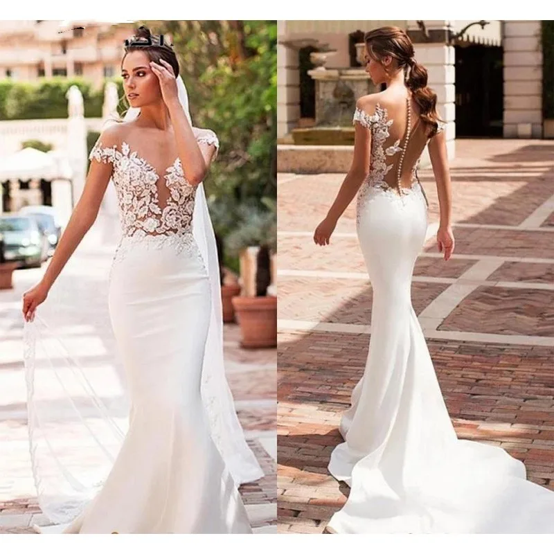 Mermaid Wedding Dress 2023 Elegant Vestido De Novia Satin Cap Sleeve Lace Bride Dresses Sheer Buttons Back Customsize Boho
Mermaid Wedding Dress 2023 Elegant Vestido De Novia Satin Cap Sleeve Lace Bride Dresses Sheer Buttons Back Customsize Boho