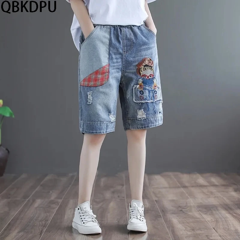 Female Elastic Drawstring Denim Shorts Summer Embroidery Cartoon Patchwork Vintage Ripped Hole Casual Pocket Shorts
Female Elastic Drawstring Denim Shorts Summer Embroidery Cartoon Patchwork Vintage Ripped Hole Casual Pocket Shorts